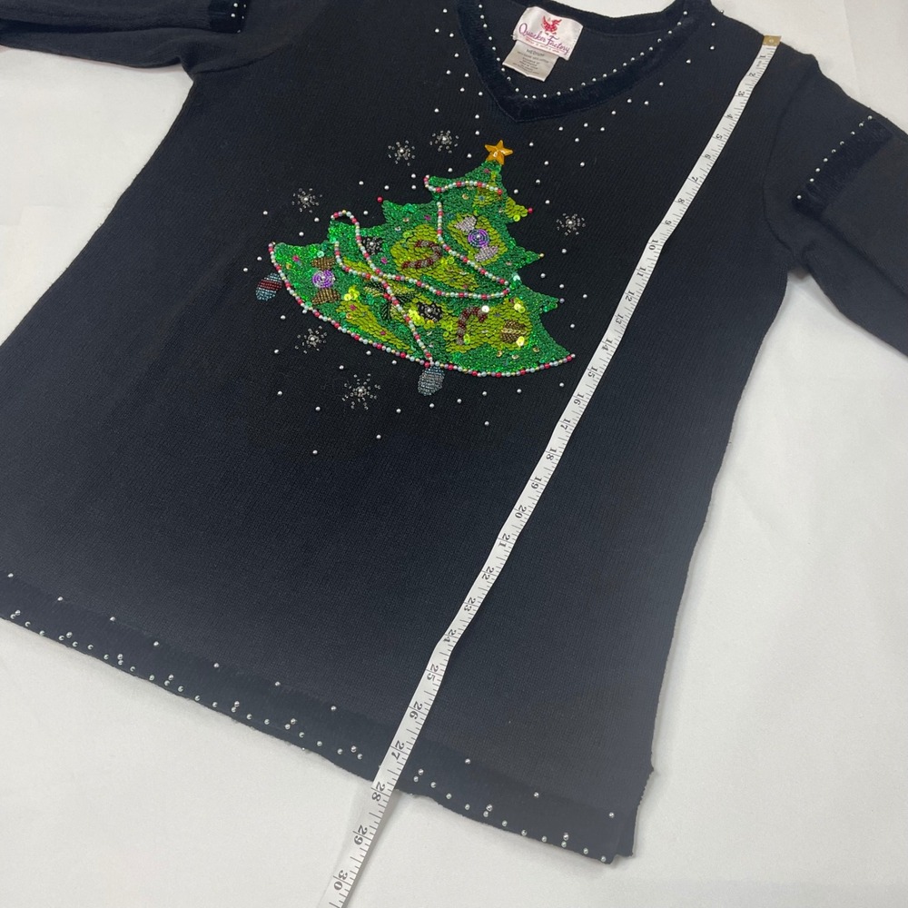 Quacker Factory Womens Beaded Sequin Christmas Tree V Neck Black Sweater Medium - Picture 9 of 11